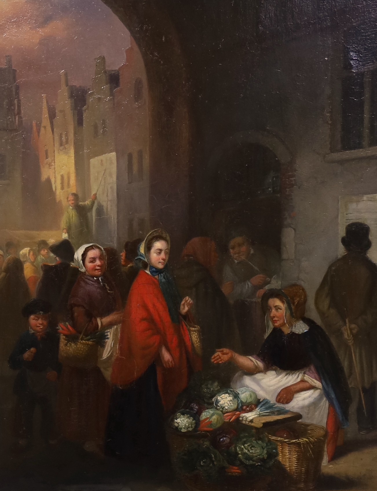 Ferdinand de Braekeleer (Belgian, 1828-1857), Flemish market scene, oil on panel, 39 x 30.5cm